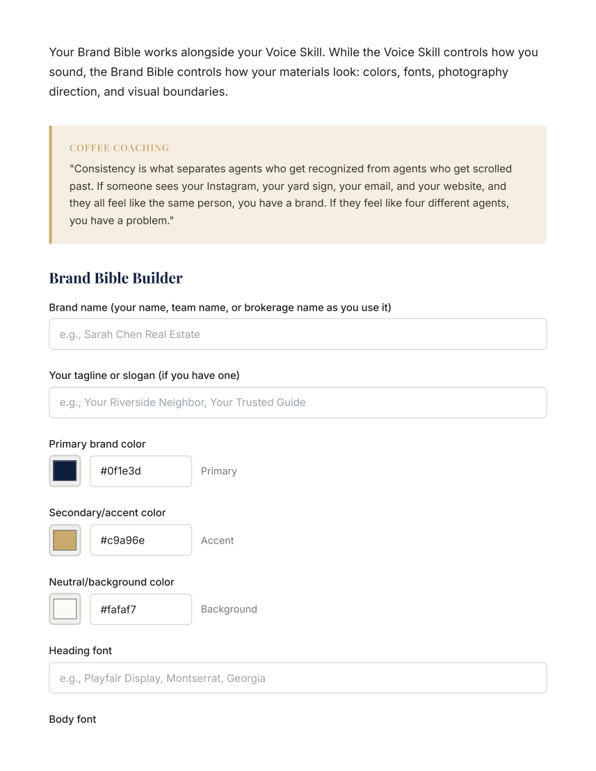Brand Bible Builder with color pickers and visual identity questions