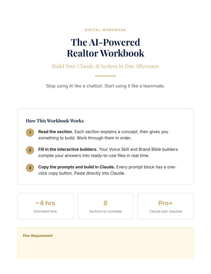 Workbook cover page showing The AI-Powered Realtor Workbook title and overview